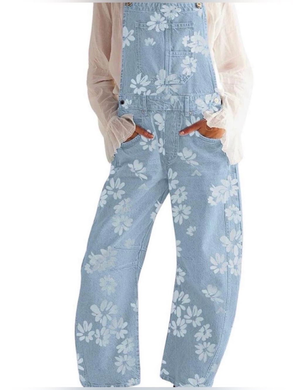 Light Blue Floral Denim Overalls for Women